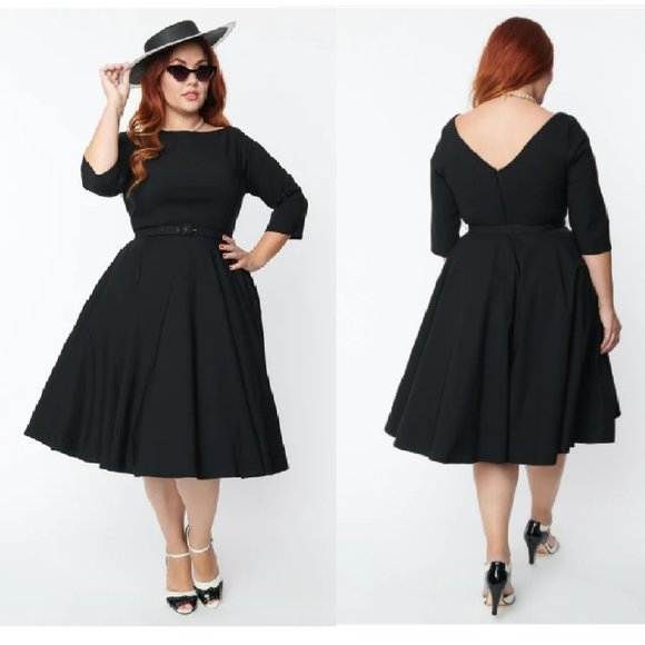 Unique Vintage Plus Size 1950s Black Devon Swing Dress Sz 5x/26 - Picture 1 of 16